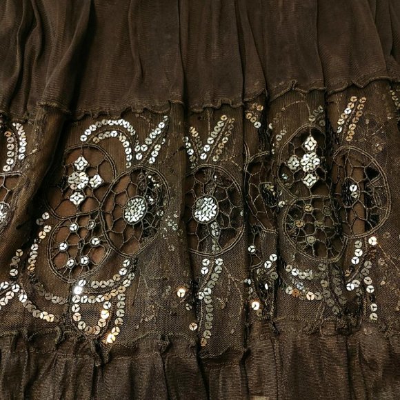 Elegant Brown Midi Flowy Skirt Mesh Sequin Cut-out Lace Lined Elastic Waistline - Picture 5 of 9